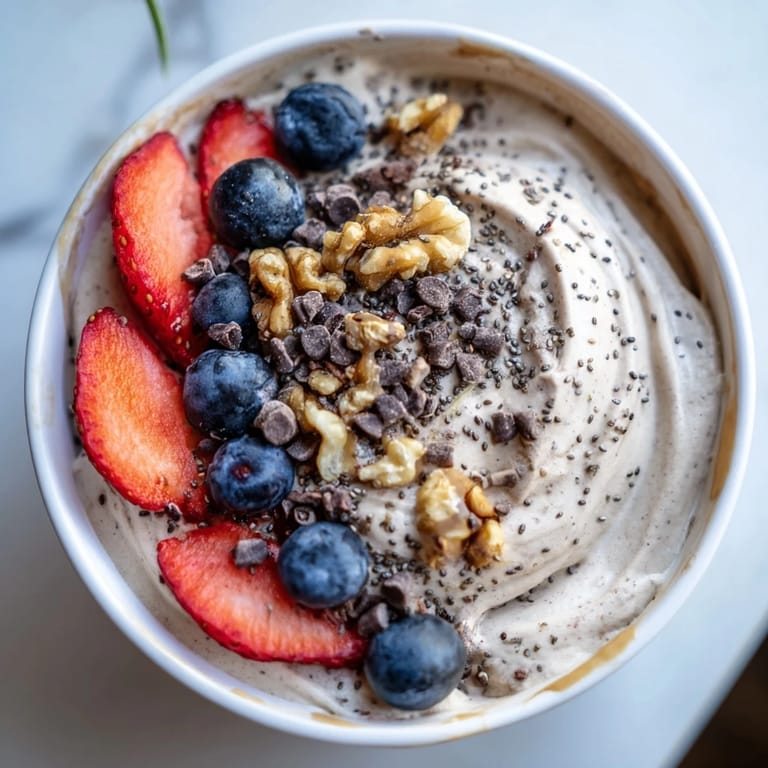 A close-up of a delicious Protein Ice Cream Bowl, ready to be topped with chocolate chips and nuts.