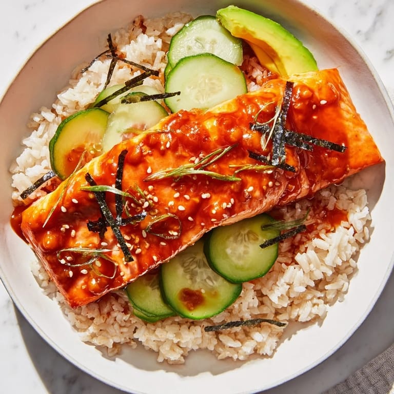 This Emily Mariko-inspired gochujang salmon bowl has succulent salmon contrasted with vibrant, crunchy vegetables.