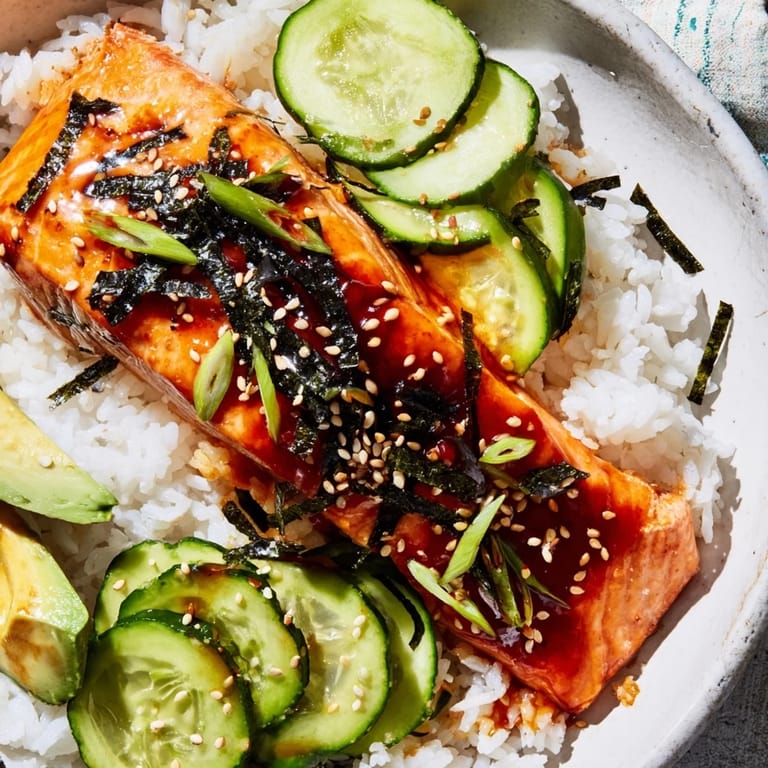 A delicious Emily Mariko-inspired bowl featuring gochujang salmon, warm rice, avocado, and nori, perfect flavors.