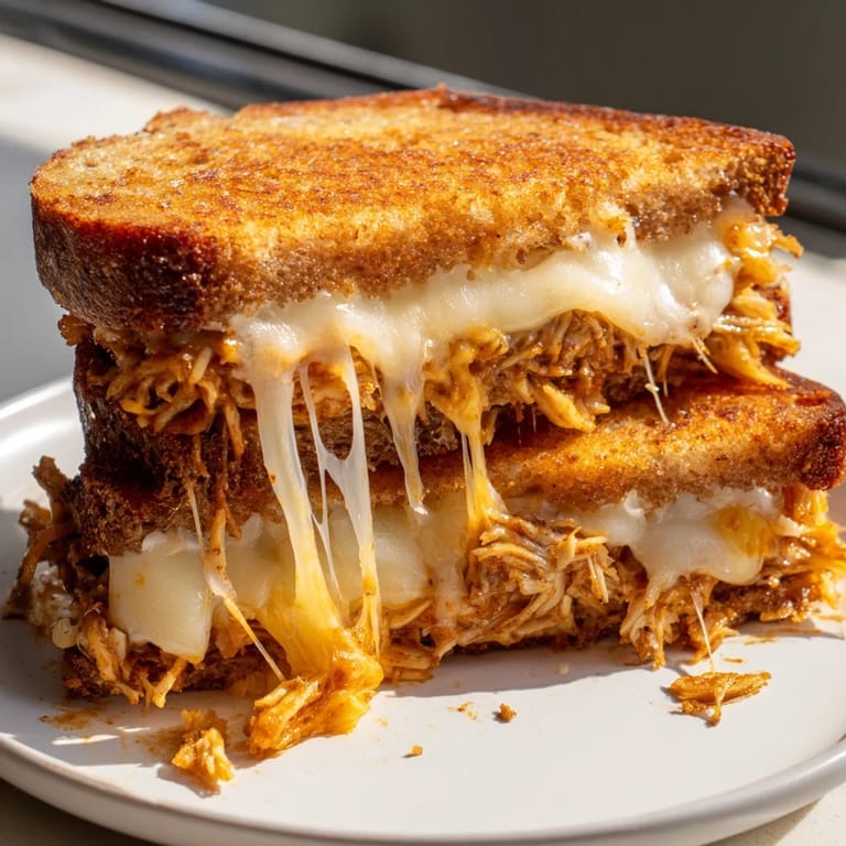 A stacked view of a delicious Spicy Crispy Chicken Sandwich Grilled Cheese, ready to eat alongside a warm drink.