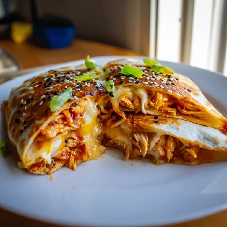 Crispy, toasted wrap filled with flavorful Korean BBQ Chicken Wrap Grilled Cheese, ready to be enjoyed.