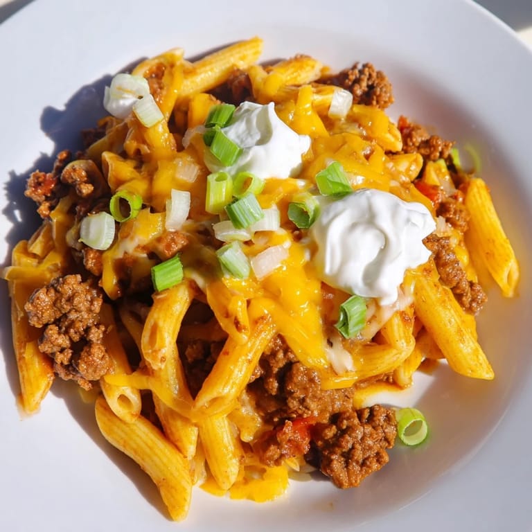 Easy One-Pot Taco Pasta recipe with tender pasta, ground beef, and cheesy goodness ready to eat.