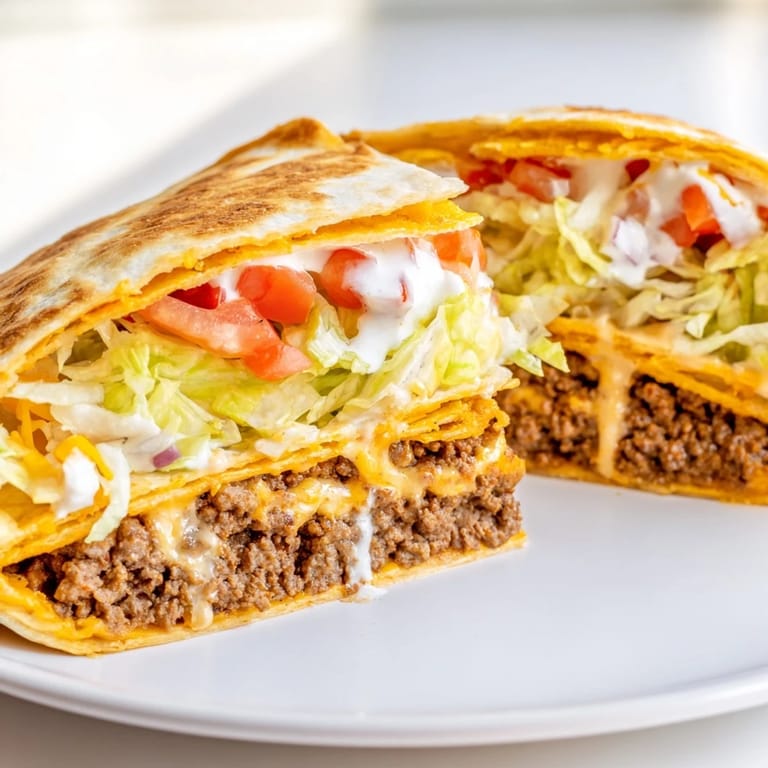 A delicious homemade Taco Bell Crunchwrap Supreme, showcasing a crispy tostada and gooey cheese.