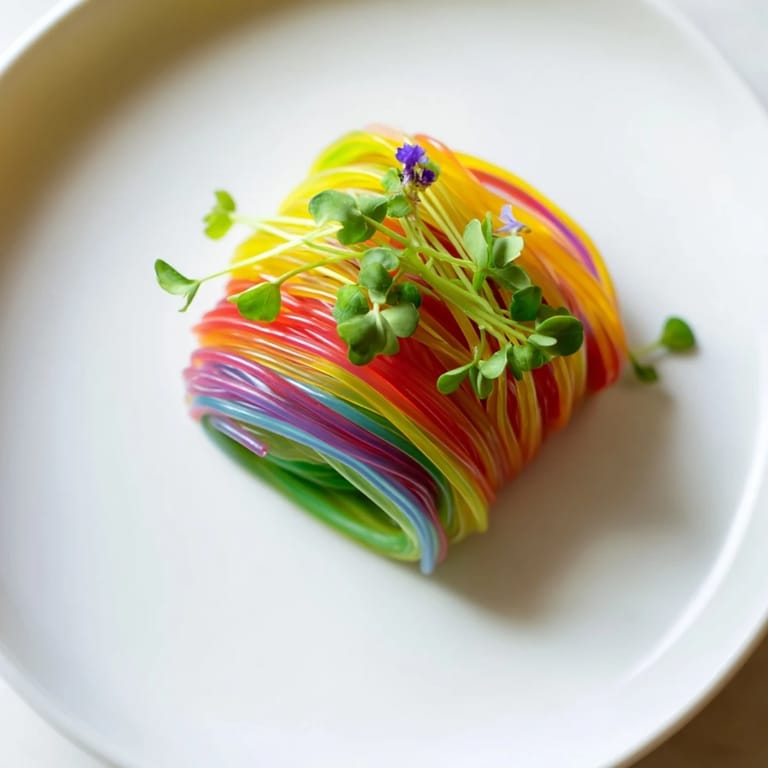 Colorful agar-agar Neon Noodle Clouds, a playful vegan dish bursting with flavor, perfect for a gathering.