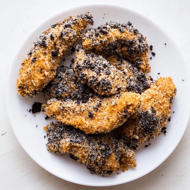 Close-up of freshly fried DIY KFC Oreo Krusher-inspired chicken tenders, looking juicy and coated with Oreo crumbs.