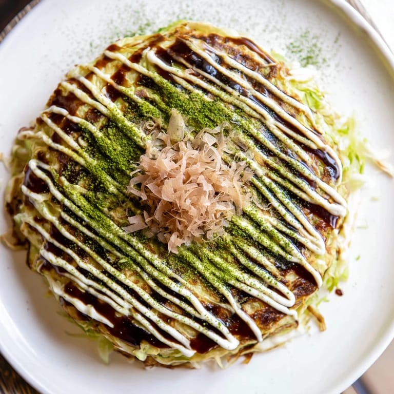 Close up of a homemade okonomiyaki pancake: fluffy inside with flavorful toppings like seaweed and ginger.