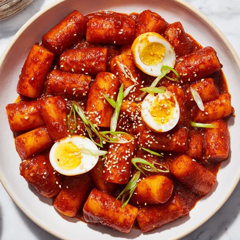 A close-up of vibrant, red Tteokbokki, featuring chewy rice cakes glistening in the savory sauce.