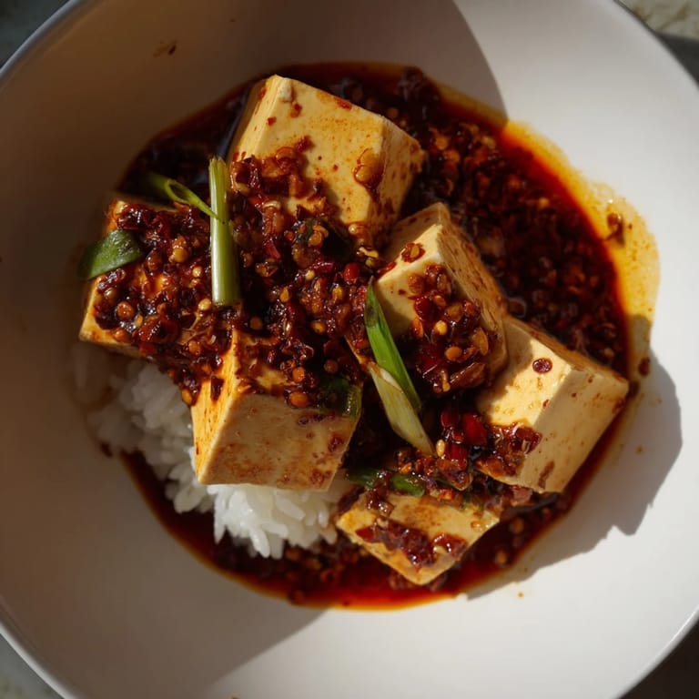 A close-up of delicious Chinese Mapo Tofu, showcasing the spicy, red sauce over soft tofu on rice.