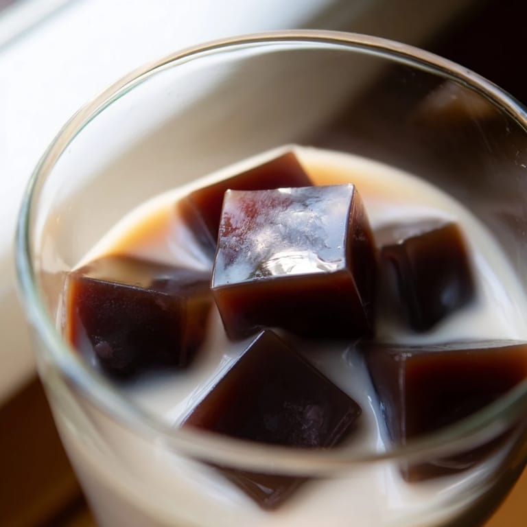 Coffee jelly cubes clink against ice in a tall glass of sweet, creamy milk.