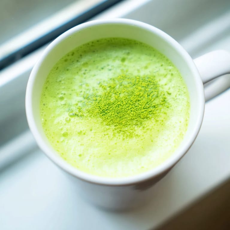 Spoonful of frothy Matcha Green Tea Latte being poured into a rustic mug, the steamed milk blending with bright green tea for a smooth texture.