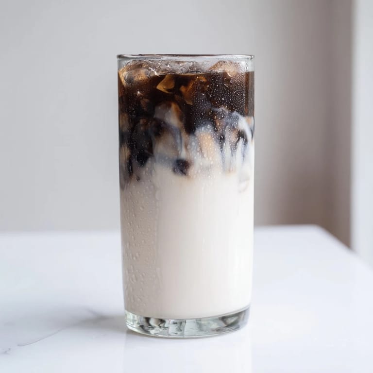 Stirring a spoon through a creamy glass of Milo ice latte, revealing the rich, malty chocolate blend dissolving into cold milk over ice.