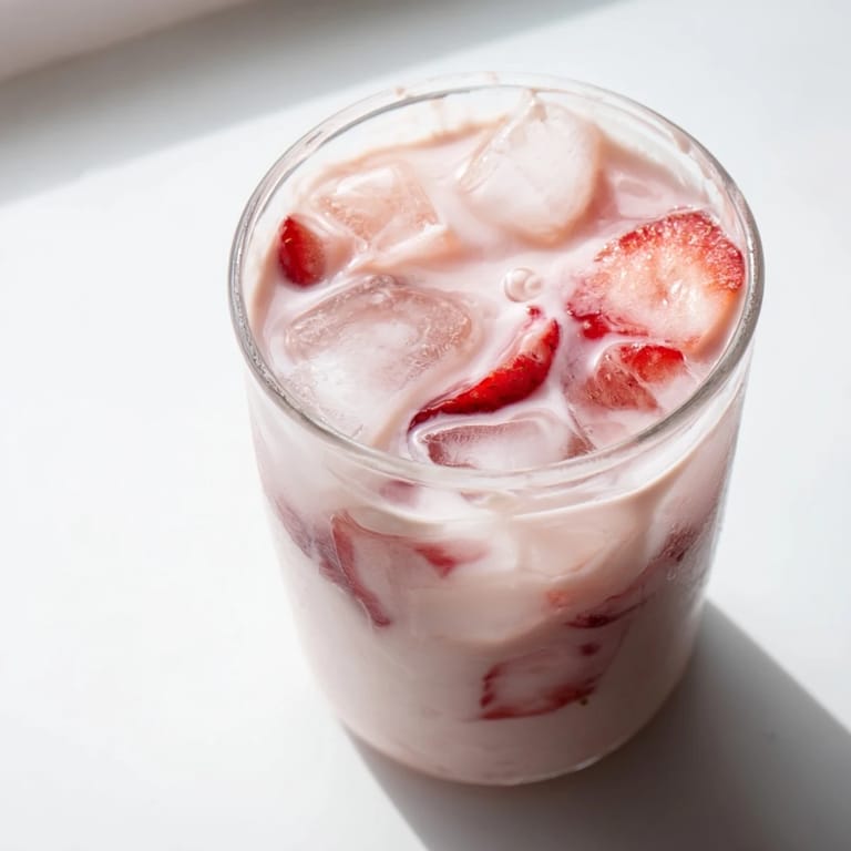 Pouring the frothy Refresher Copycat Pink Drink over ice and sliced strawberries, making a creamy, vegan-friendly beverage.