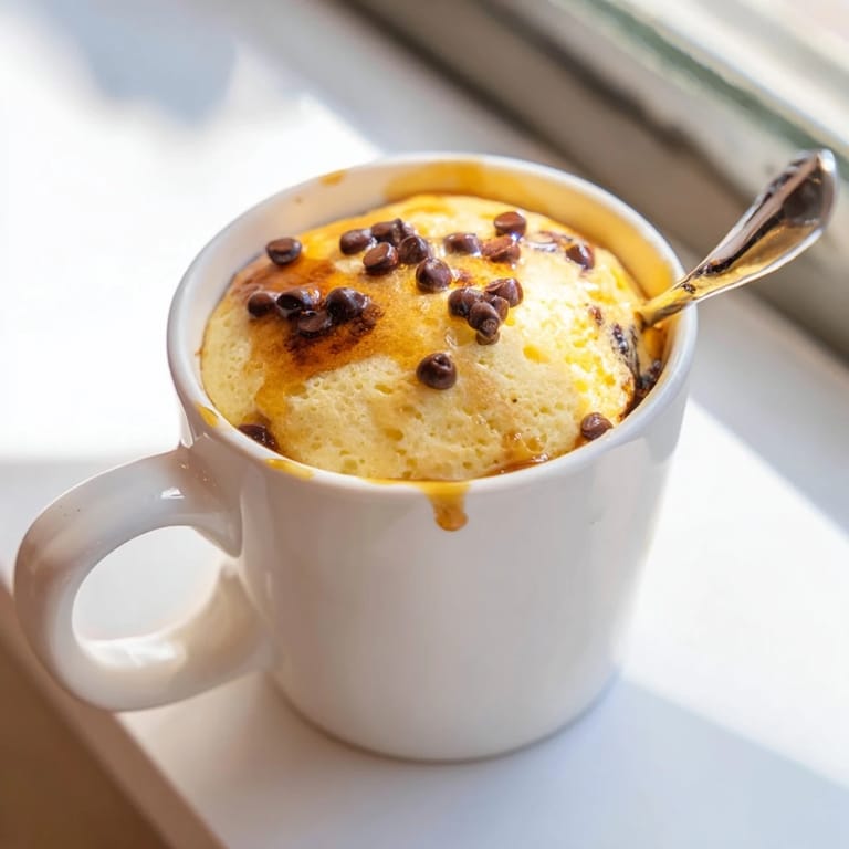 Fluffy Microwave Mug Pancakes cooked in a ceramic mug, topped with maple syrup and butter, ready in under two minutes.