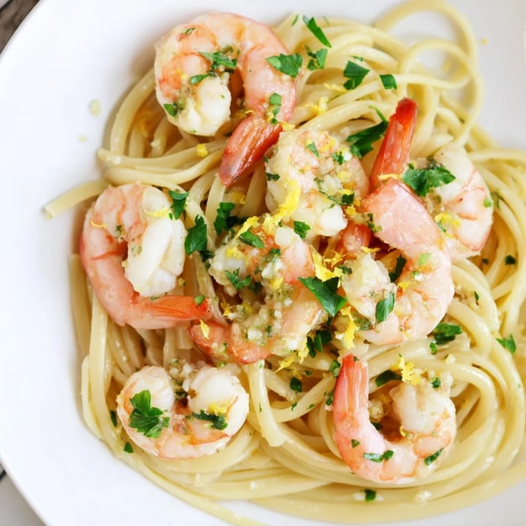 Freshly cooked Lemon Garlic Shrimp Pasta showcases plump pink shrimp and glossy strands of spaghetti in a zesty, garlicky lemon butter sauce.  