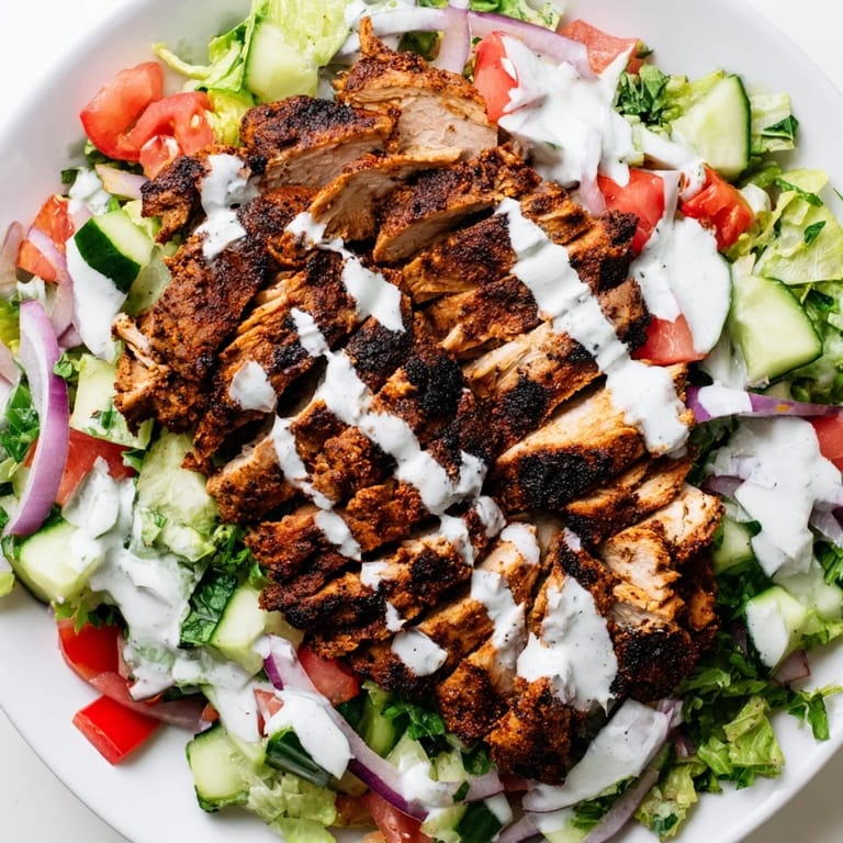 A vibrant bowl of Chicken Shawarma Salad with spiced chicken, crisp vegetables, and fresh parsley, ready for a gluten-free lunch.