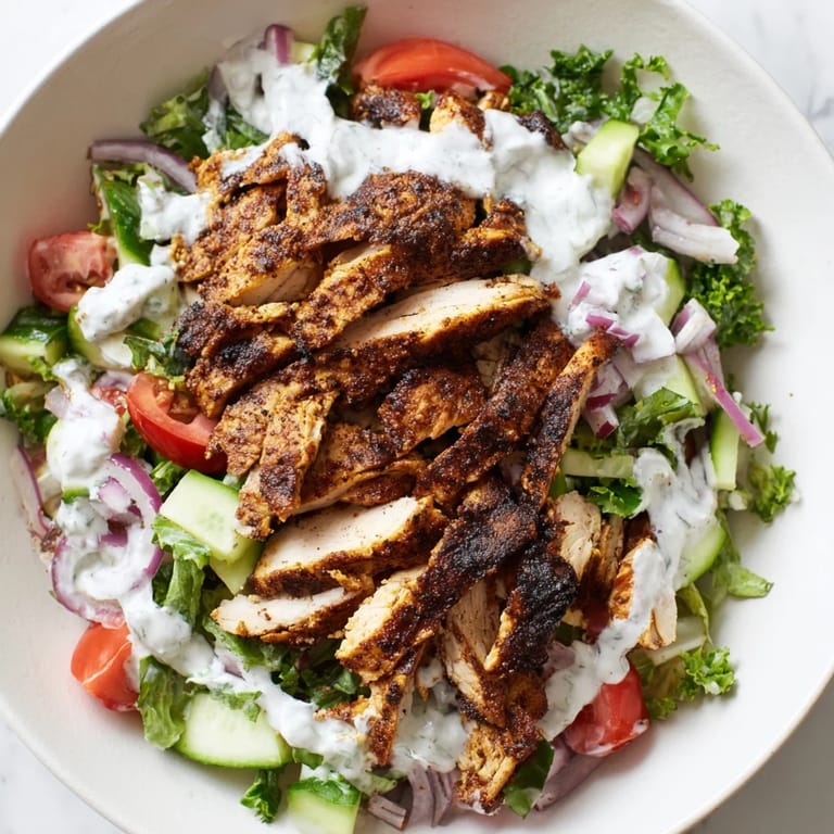 Colorful Chicken Shawarma Salad served on a plate, featuring marinated grilled chicken over fresh greens with a lemony yogurt drizzle.