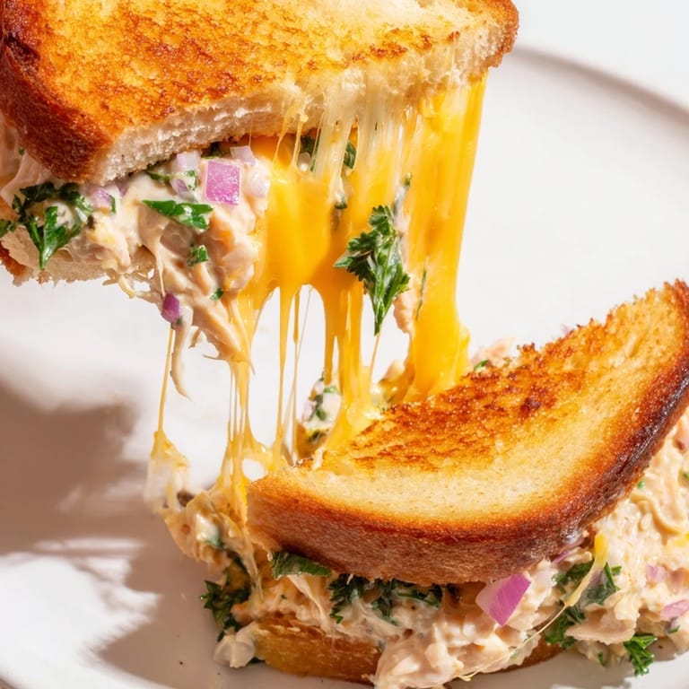 A rustic wooden table displays the open-faced spicy tuna melt with a side of pickles and a crisp salad.