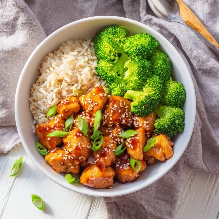 A top-down view of a vibrant Sweet Chili Chicken Bowl with saucy chicken, steamed broccoli, and a sprinkle of sesame seeds on fluffy rice.