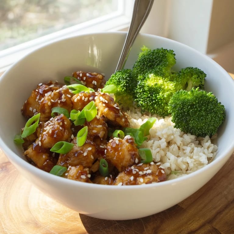 Close-up of a homemade Sweet Chili Chicken Bowl featuring glossy sauce-coated chicken, crisp broccoli florets, and jasmine rice, ready to enjoy.