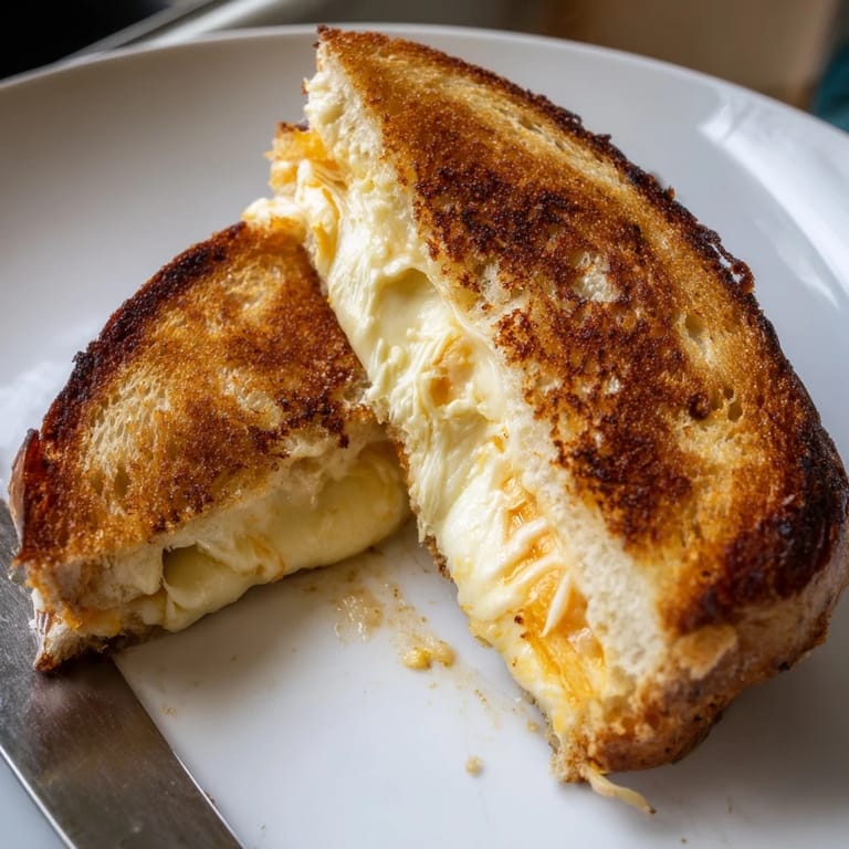 Homemade Three-Cheese Grilled Cheese with melty provolone and cheddar, cut diagonally on a wooden board for serving.