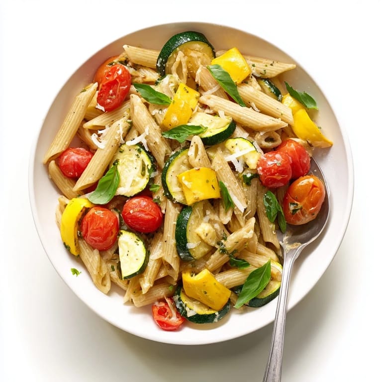 Steaming Garden Veggie Pasta in a skillet with zucchini, yellow squash, and cherry tomatoes, flecked with fresh basil and Parmesan, ready to be served as a light summer main dish.