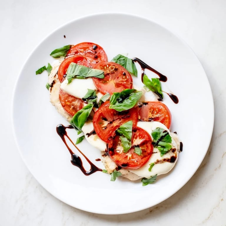 Close-up of Caprese Chicken Skillet, highlighting melted mozzarella, fresh basil, and seared chicken in a skillet, ready to be served with crusty bread.