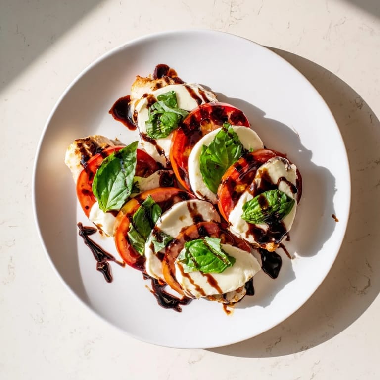 Caprese Chicken Skillet served over zucchini noodles, featuring juicy chicken, creamy mozzarella, and vibrant tomatoes with a sweet, tangy balsamic drizzle.