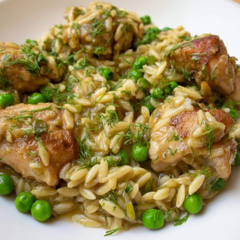 A close-up view of tender chicken thighs and zesty lemon herb orzo, highlighting the steamy, comforting texture of this Mediterranean-inspired meal.