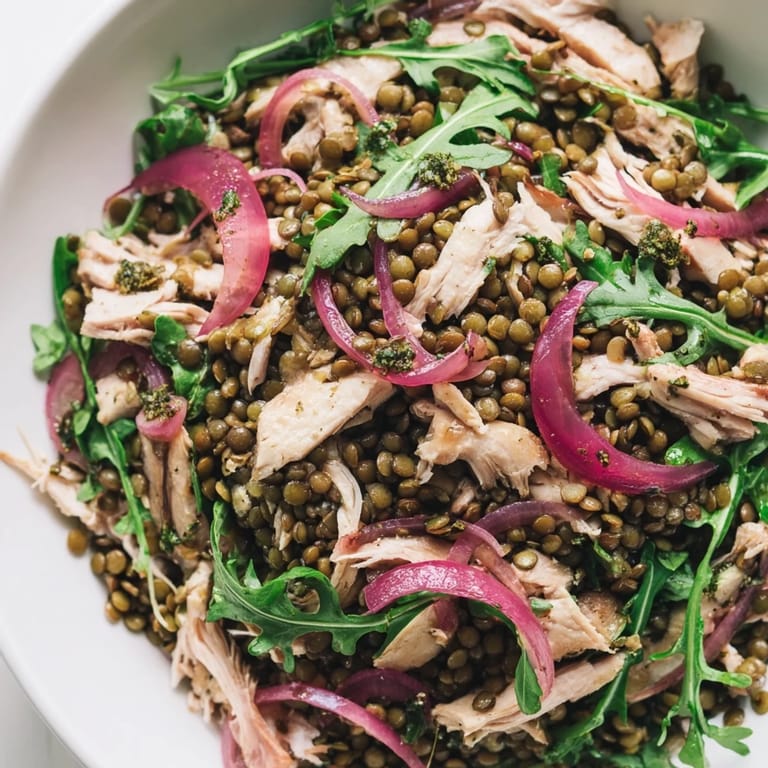 Serving suggestion for the Lentil & Chicken Spring Salad: a light, gluten-free main dish with glistening mustard vinaigrette, perfect for warm-weather meals.
