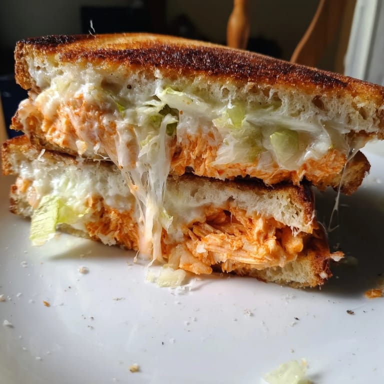 Sizzling grilled cheese sandwiches layered with shredded buffalo chicken, crisp romaine lettuce, and gooey Parmesan.