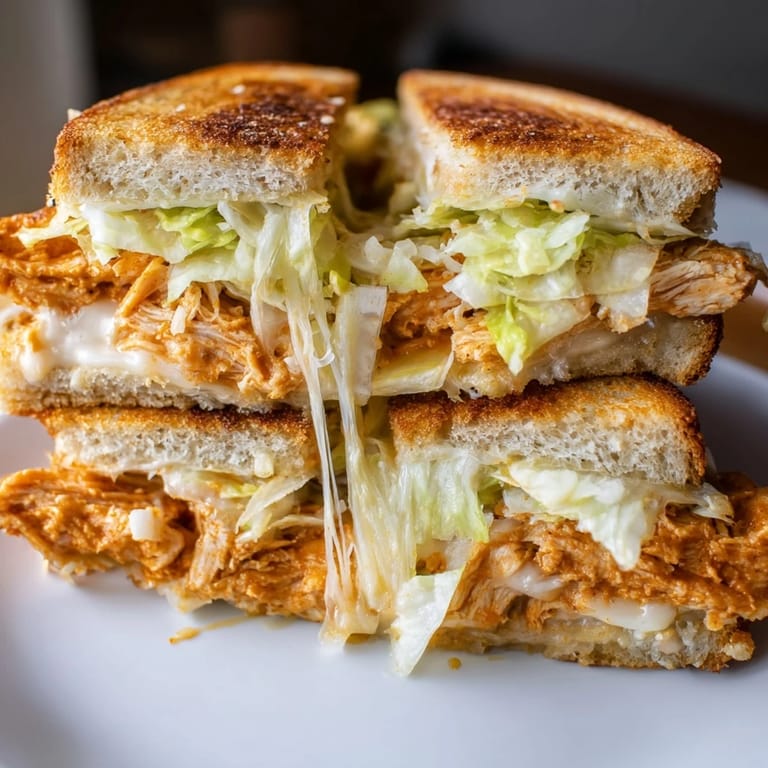 Sliced Buffalo Chicken Caesar Grilled Cheese sandwiches served warm, drizzled with extra buffalo sauce for flavor.