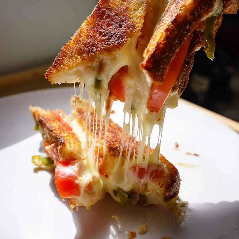 A close-up of Pepper Jack & Tomato Grilled Cheese, buttery crust and melty cheese perfect for lunch.