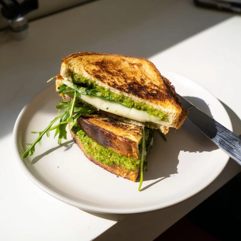 Cut in half, this Spring Pea Pesto Grilled Cheese reveals the bright green filling, served warm for a perfect lunch.