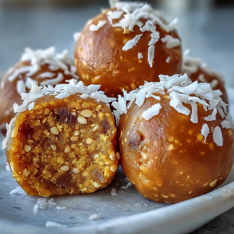 Twelve vibrant, golden-hued Ginger Turmeric Energy Balls arranged on a marble surface beside fresh ginger root.  