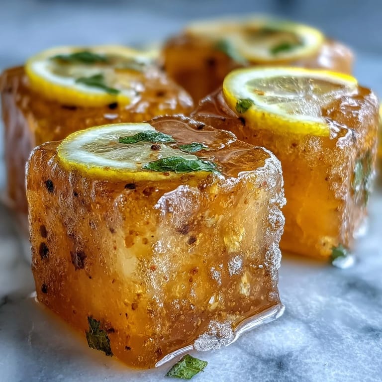 Close-up of golden Lemon Ginger Turmeric Wellness Cubes glistening with freshly squeezed citrus juice.