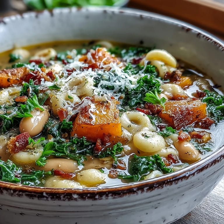 Steaming Fall Minestrone topped with crispy pancetta, fresh parsley, and freshly grated Parmesan cheese.