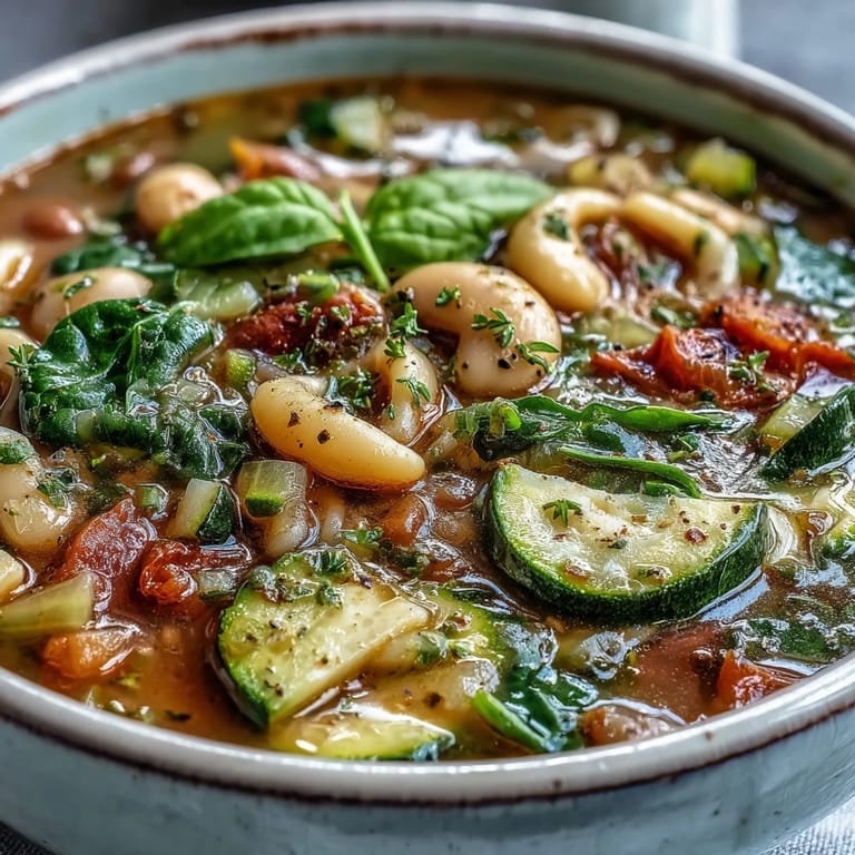 Serving of Minestrone Soup topped with parsley in a white bowl, beside crusty bread for a comforting lunch.