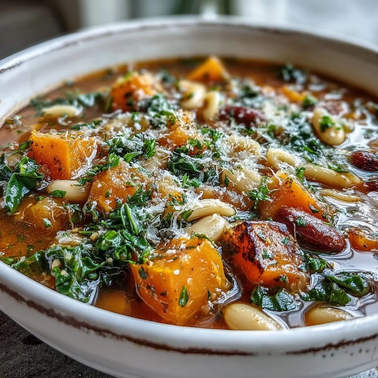 Hearty Winter Minestrone Soup garnished with Parmesan and parsley served with bread for dipping.