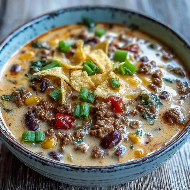 A pot of Creamy Taco Soup simmering with ground beef, black beans, corn, and peppers on a cozy winter night.
