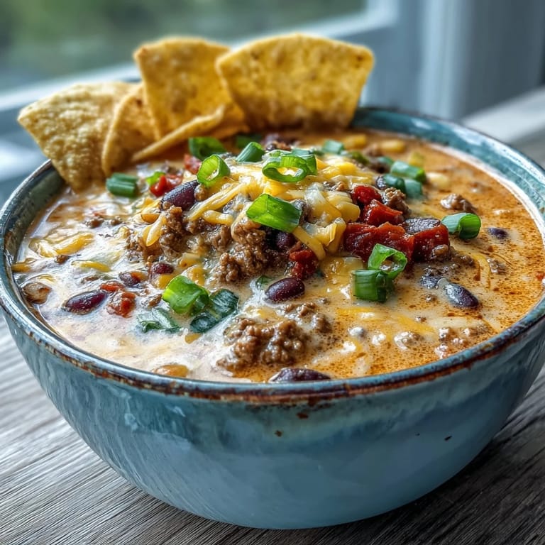 Spoon diving into a rich bowl of Creamy Taco Soup, garnished with cilantro and crunchy tortilla chips for serving.