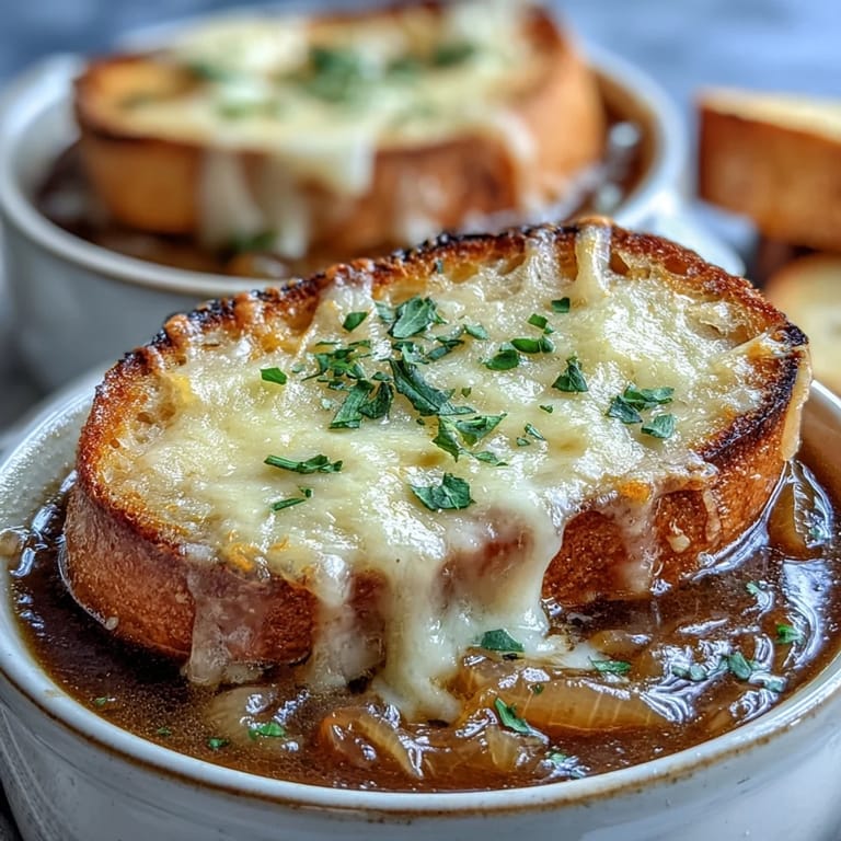 Melted Gruyère and Parmesan crown this classic French onion soup, broiled to bubbly perfection for a comforting dinner.