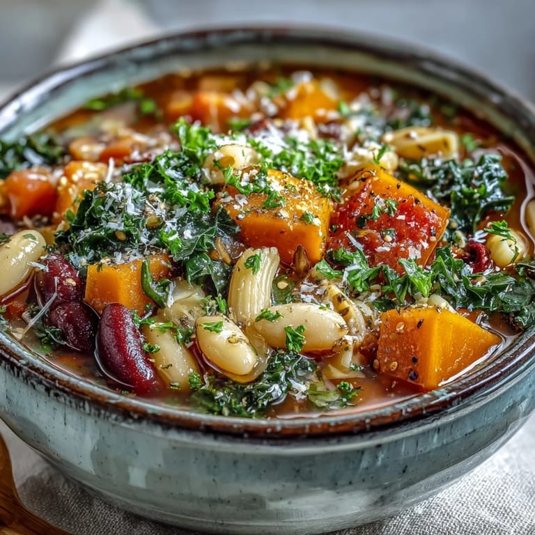 Close-up of Winter Minestrone Soup With Butternut Squash and Kale in a white bowl, garnished with parsley and served alongside crusty artisan bread.
