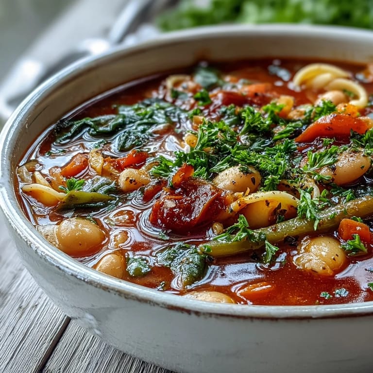 Steaming Minestrone Soup in a rustic pot with colorful vegetables and cannellini beans.