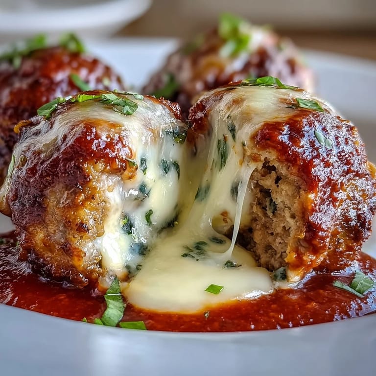 Savory Italian Cheesy, Garlicky Meatballs With Marinara served over spaghetti, garnished with grated Parmesan and parsley.