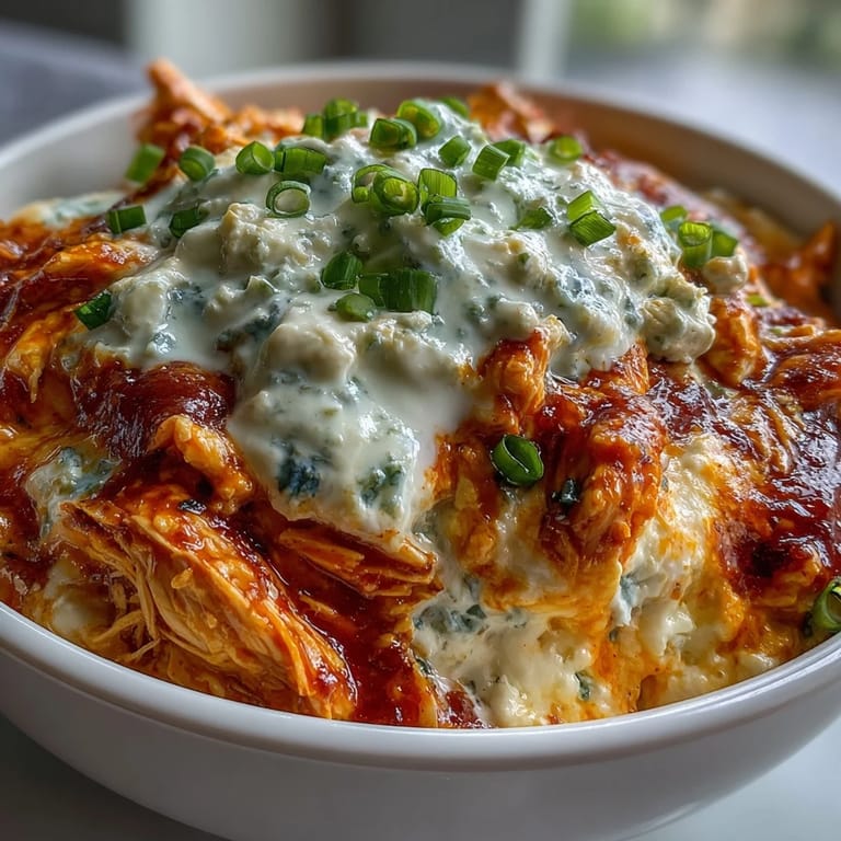 A spoon lifts a generous scoop of the Crock Pot Buffalo Chicken Dip, showing its rich, cheesy texture and vibrant orange buffalo sauce.