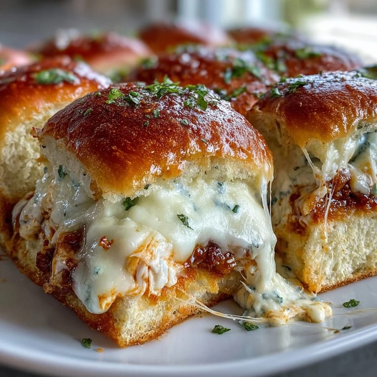 Freshly baked Pizza Dip Sliders emerge from the oven, brushed with garlic butter and served warm as a perfect game-day appetizer.  