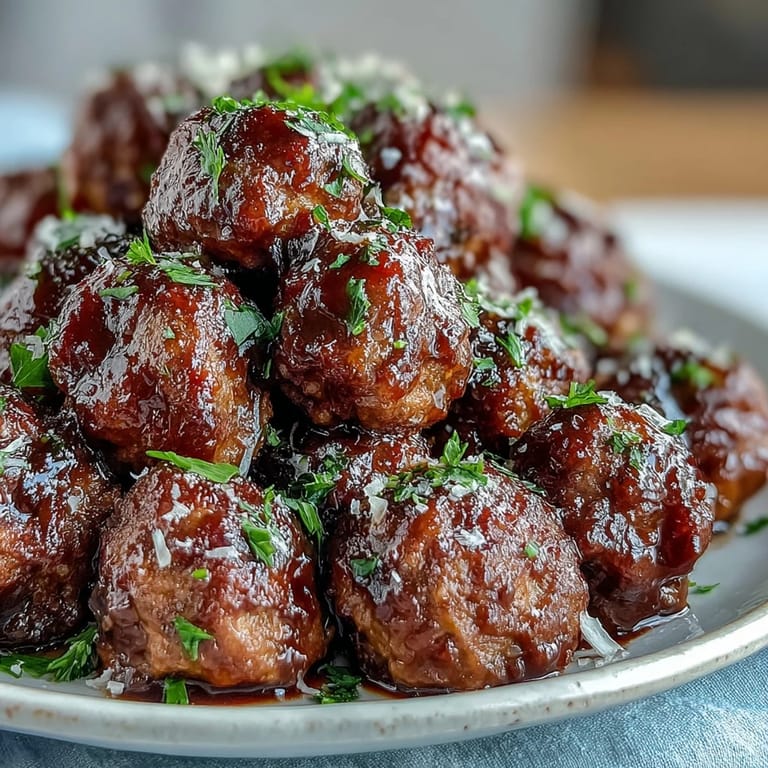 Juicy Slow Cooker Peach Glazed Meatballs garnished with fresh parsley, ideal for an appetizer spread or party.