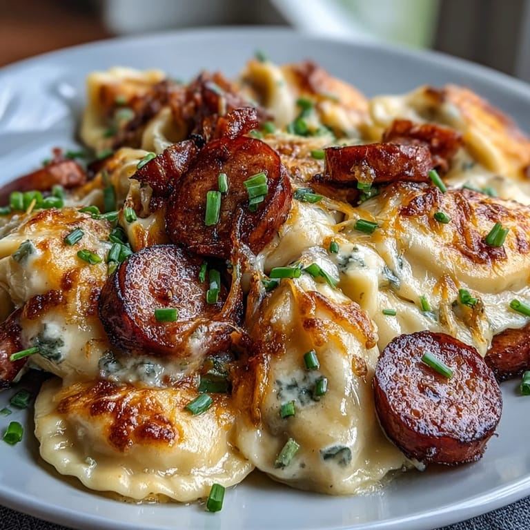 Comforting Crockpot Pierogi Casserole garnished with fresh chives, ready to serve as a hearty family dinner.