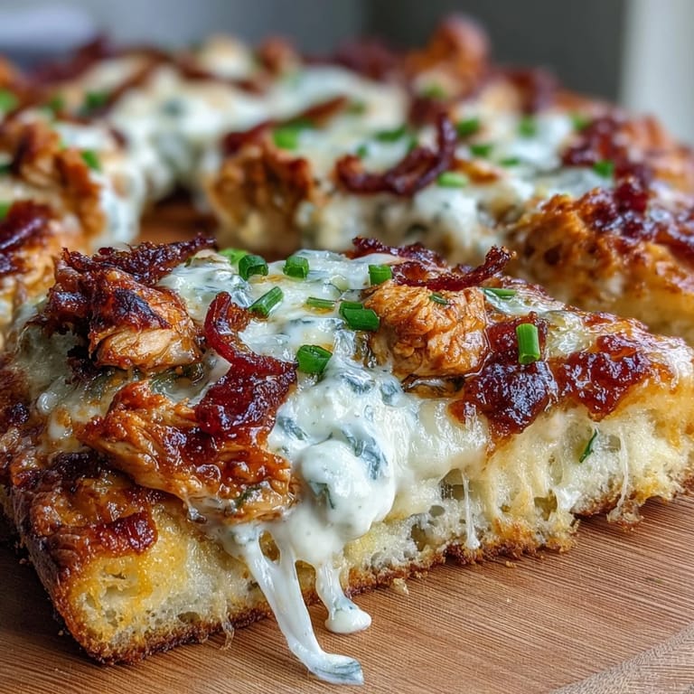 A close-up of a slice of Buffalo Chicken Pizza being lifted, revealing a creamy ranch sauce base, bubbling cheese, and tender shredded chicken coated in tangy buffalo sauce.  