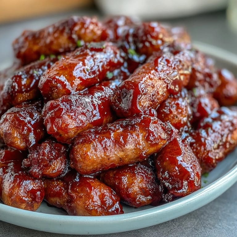 A crock pot filled with glossy, bubbling Crock Pot BBQ Cocktail Sausage, paired with crisp pickles and potato chips for a classic game-day snack.  
